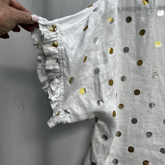 For Cynthia 100% Linen White Cropped Boxy Top Silver & Gold Polka Dot Medium - Picture 2 of 9